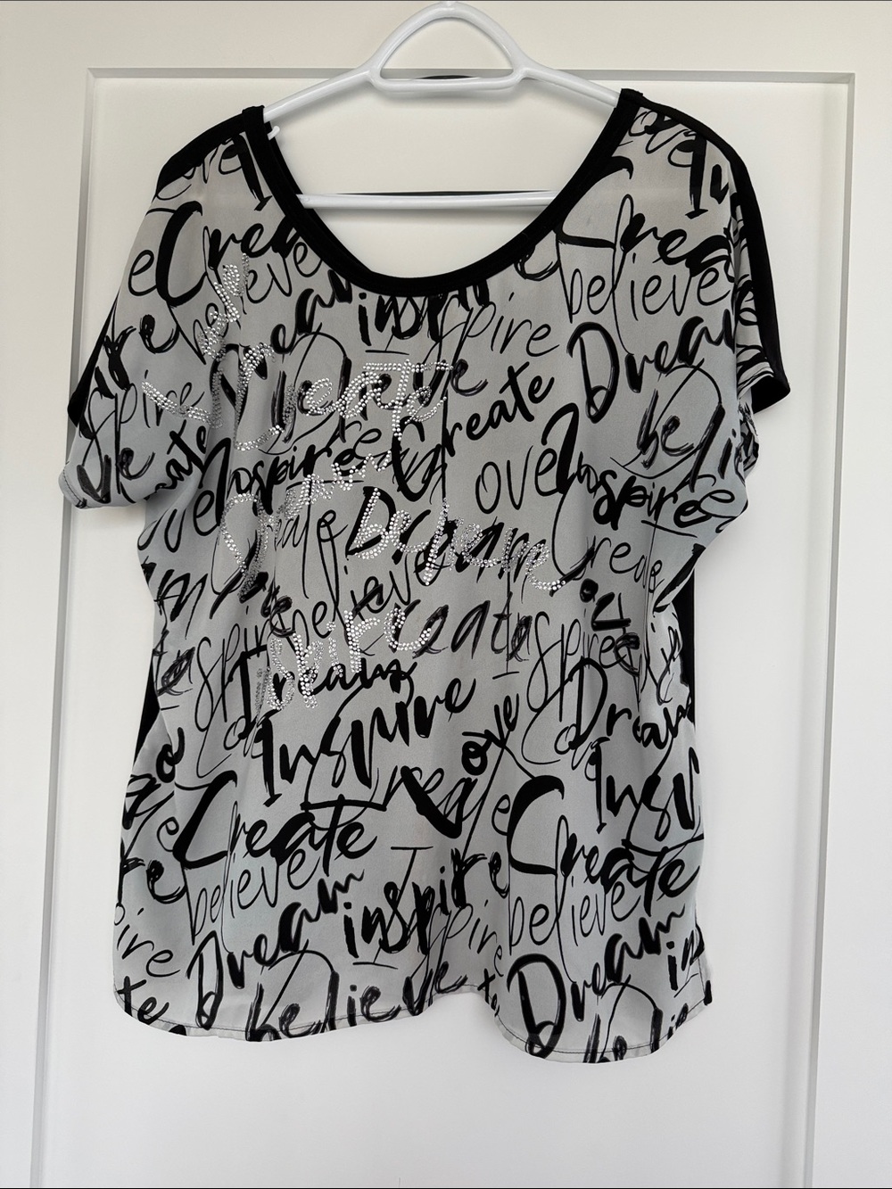 Joseph Ribkoff Black & White Script Print Short Sleeve Blouse